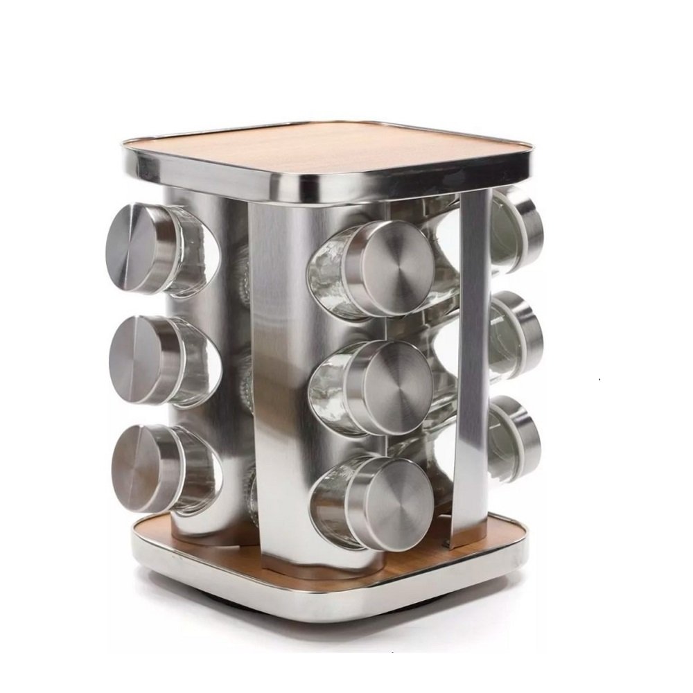Condimentero 12 frascos giratorio con base de madera
